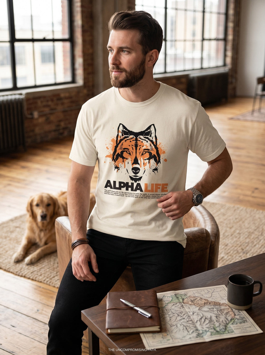 WOFF unisex cream cotton crew neck t-shirt with a graphic wolf print, worn by a man in a rustic loft setting.