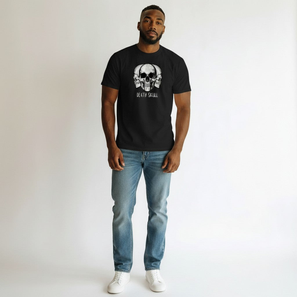 WOFF black 100% cotton crew neck t-shirt with a graphic print of three skulls and the text "DEATH SKULL".