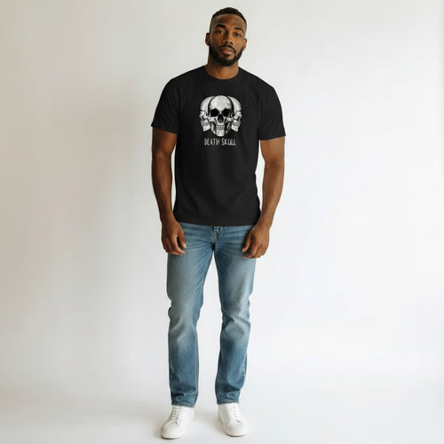 WOFF black 100% cotton crew neck t-shirt with a graphic print of three skulls and the text "DEATH SKULL".