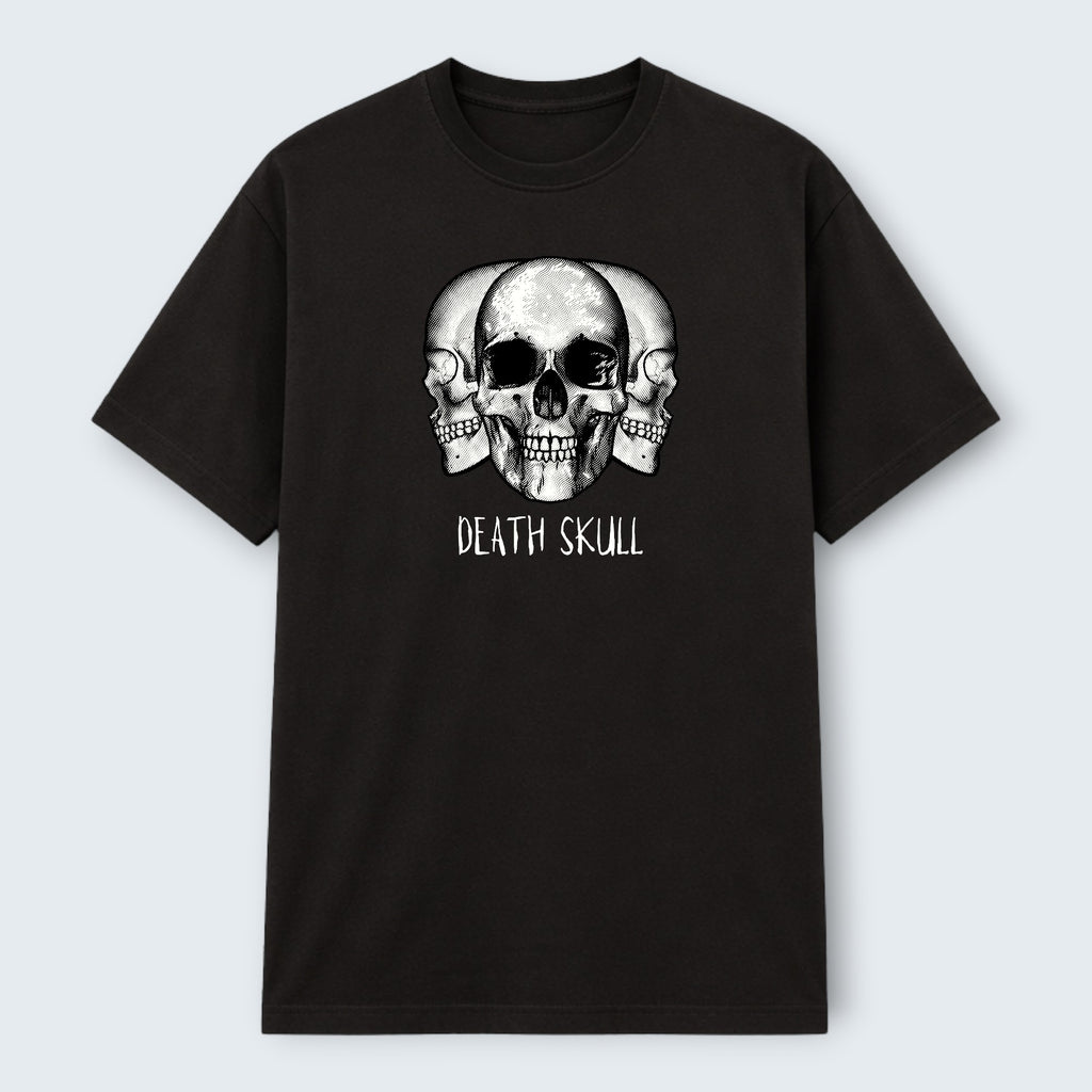 WOFF black 100% cotton crew neck t-shirt with a graphic print of three skulls and the text "DEATH SKULL".