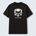WOFF black 100% cotton crew neck t-shirt with a graphic print of three skulls and the text "DEATH SKULL".