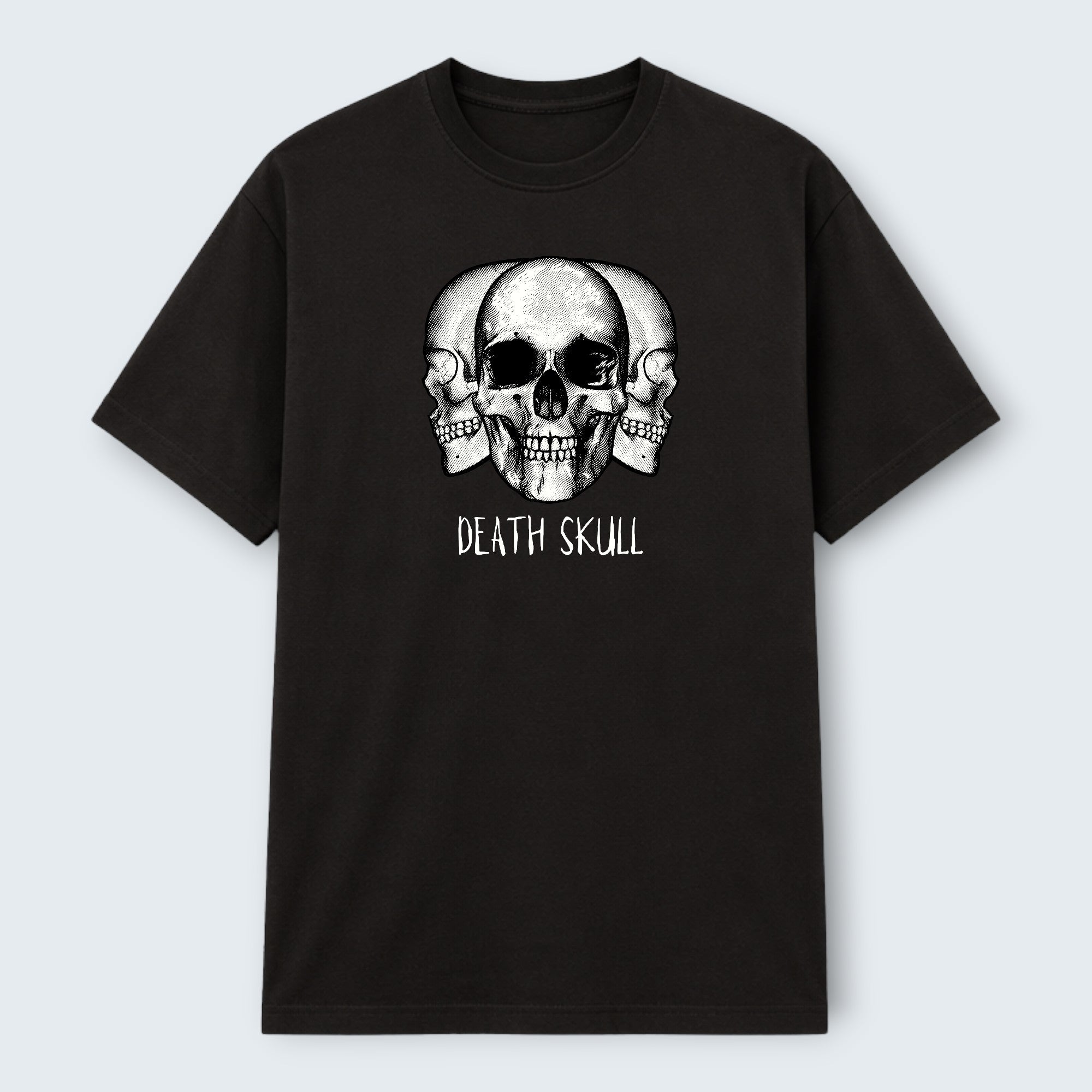 WOFF black 100% cotton crew neck t-shirt with a graphic print of three skulls and the text "DEATH SKULL".