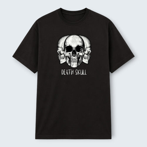 WOFF black 100% cotton crew neck t-shirt with a graphic print of three skulls and the text "DEATH SKULL".