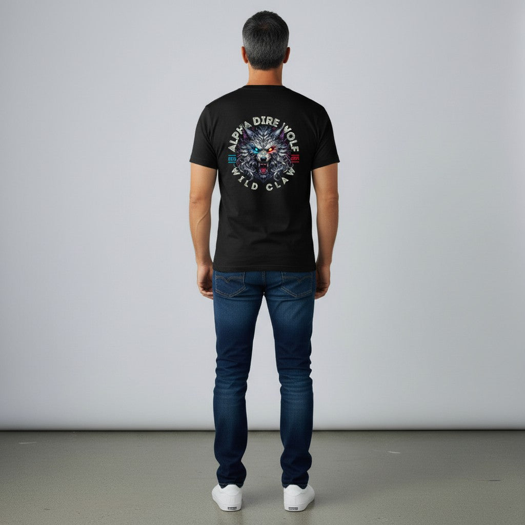 WOFF black 100% cotton crew t-shirt with a graphic of a dire wolf's head with blue and red glowing eyes.