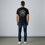 WOFF black 100% cotton crew t-shirt with a graphic of a dire wolf's head with blue and red glowing eyes.