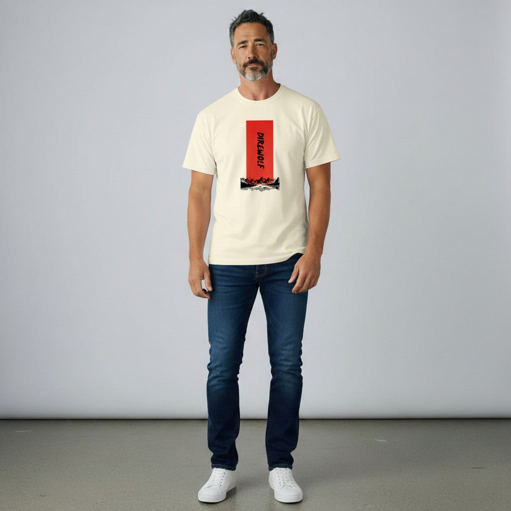 WOFF cream 100% cotton crew neck t-shirt with vertical red graphic featuring 'DIREWOLF' text and mountain landscape.
