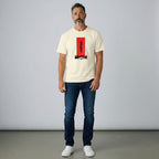 WOFF cream 100% cotton crew neck t-shirt with vertical red graphic featuring 'DIREWOLF' text and mountain landscape.