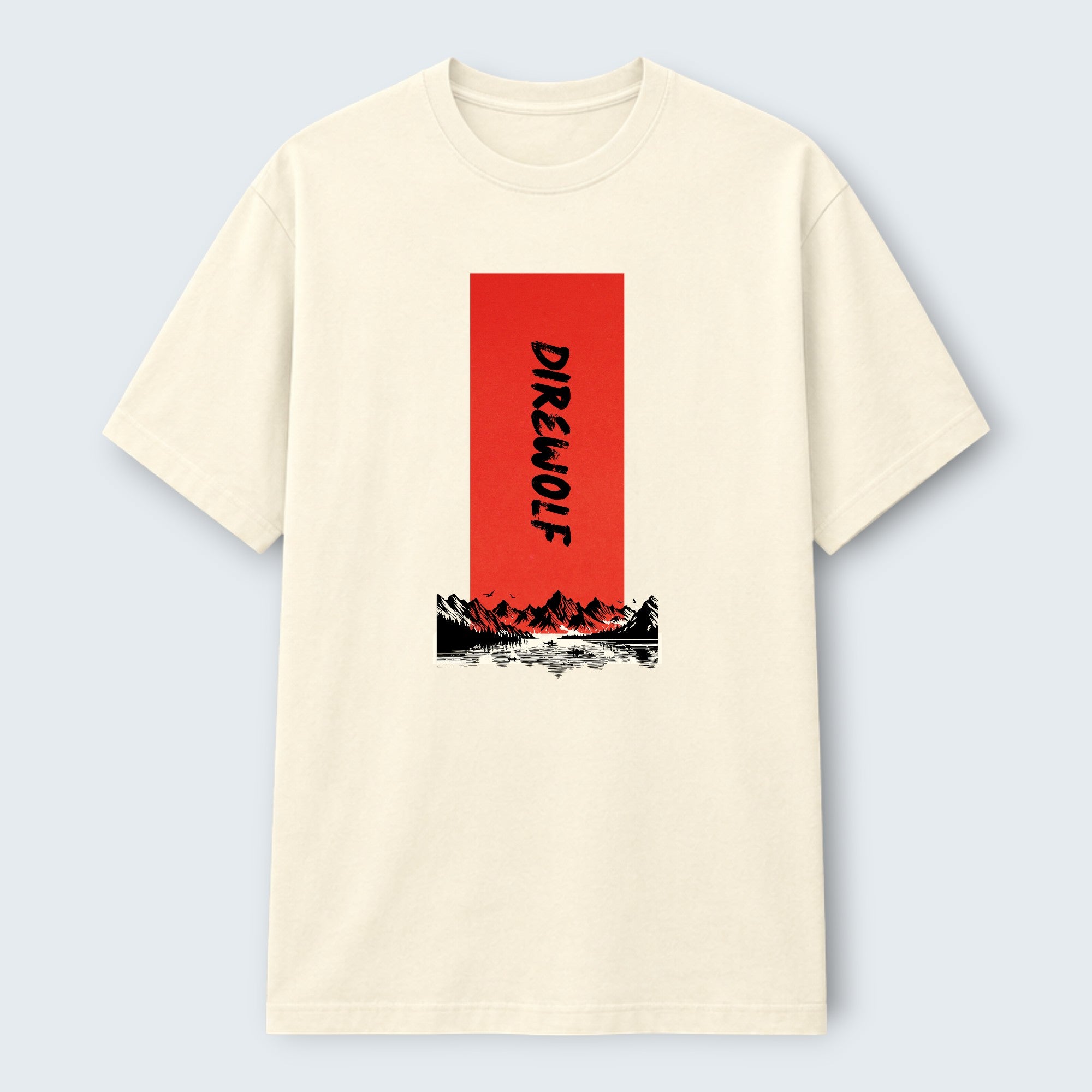 WOFF Dire Wolf Crew T-Shirt in cream 100% cotton with a red graphic featuring mountains and a lake.