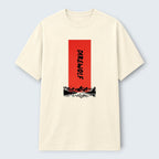 WOFF Dire Wolf Crew T-Shirt in cream 100% cotton with a red graphic featuring mountains and a lake.