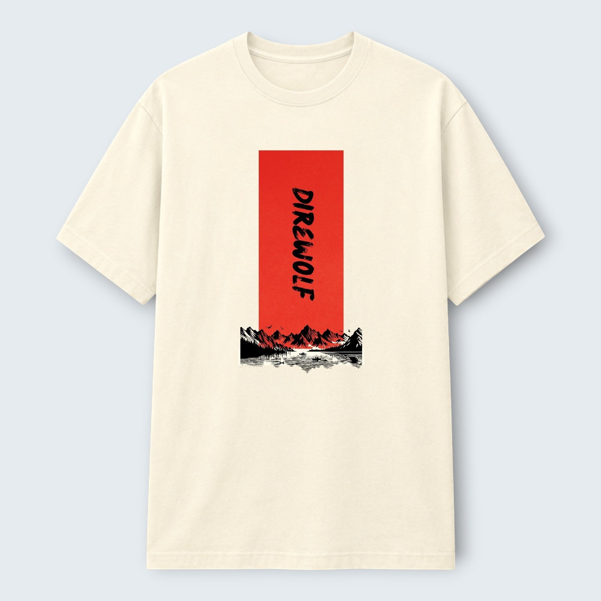 WOFF Dire Wolf Crew T-Shirt in cream 100% cotton with a red graphic featuring mountains and a lake.