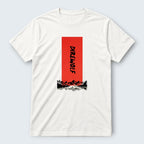 WOFF white 100% cotton crew t-shirt with a red rectangle graphic featuring the text "DIREWOLF" and a mountain landscape.