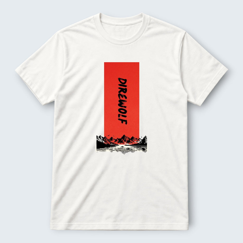 WOFF white 100% cotton crew t-shirt with a red rectangle graphic featuring the text "DIREWOLF" and a mountain landscape.