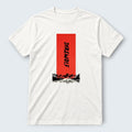 WOFF white 100% cotton crew t-shirt with a red rectangle graphic featuring the text "DIREWOLF" and a mountain landscape.