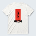 WOFF white 100% cotton crew t-shirt with a red rectangle graphic featuring the text "DIREWOLF" and a mountain landscape.