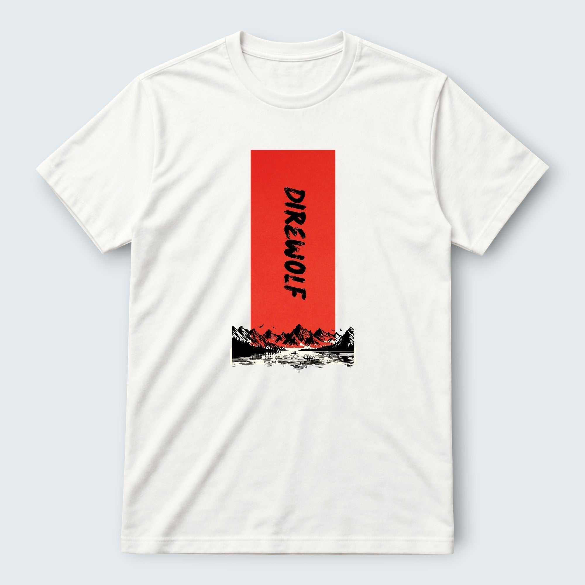 WOFF white 100% cotton crew t-shirt with a red rectangle graphic featuring the text "DIREWOLF" and a mountain landscape.