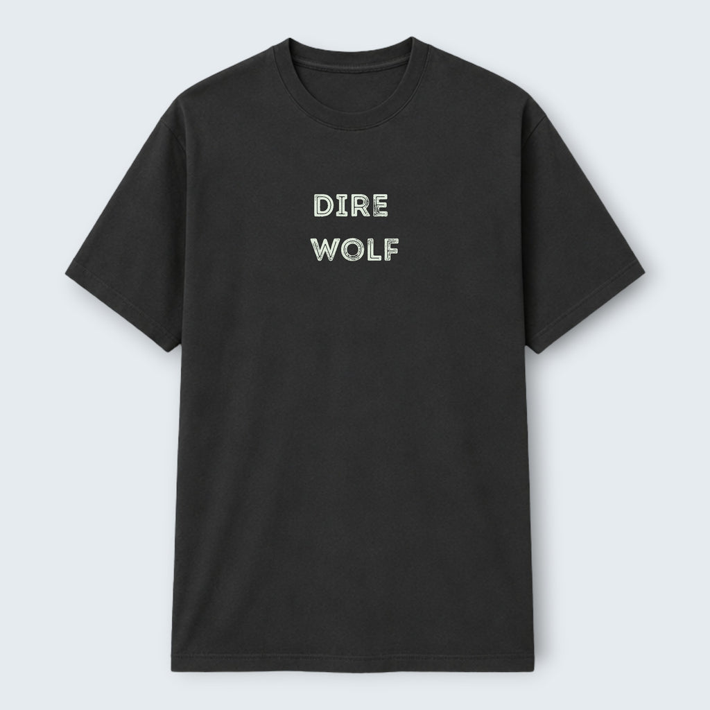 WOFF black 100% cotton crew neck t-shirt with "DIRE WOLF" text graphic on chest.