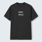 WOFF black 100% cotton crew neck t-shirt with "DIRE WOLF" text graphic on chest.