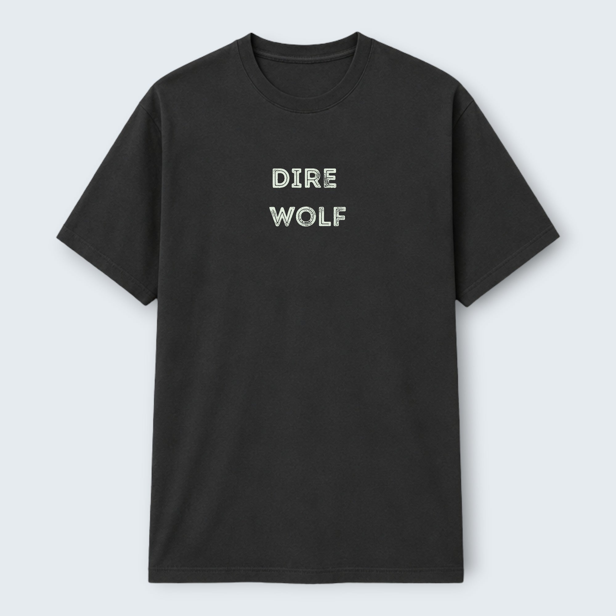 WOFF black 100% cotton crew neck t-shirt with "DIRE WOLF" text graphic on chest.