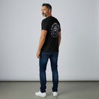 WOFF black 100% cotton crew neck t-shirt with a graphic of a dire wolf with blue and red glowing eyes and "Alpha Dire Wolf Wild Claw" text.