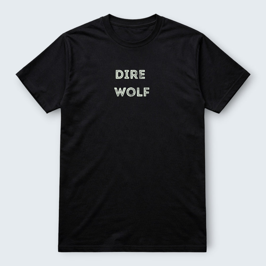 WOFF black 100% cotton crew neck t-shirt with 'DIRE WOLF' graphic print on chest.