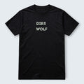 WOFF black 100% cotton crew neck t-shirt with 'DIRE WOLF' graphic print on chest.