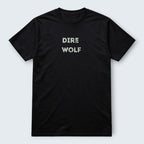 WOFF black 100% cotton crew neck t-shirt with 'DIRE WOLF' graphic print on chest.