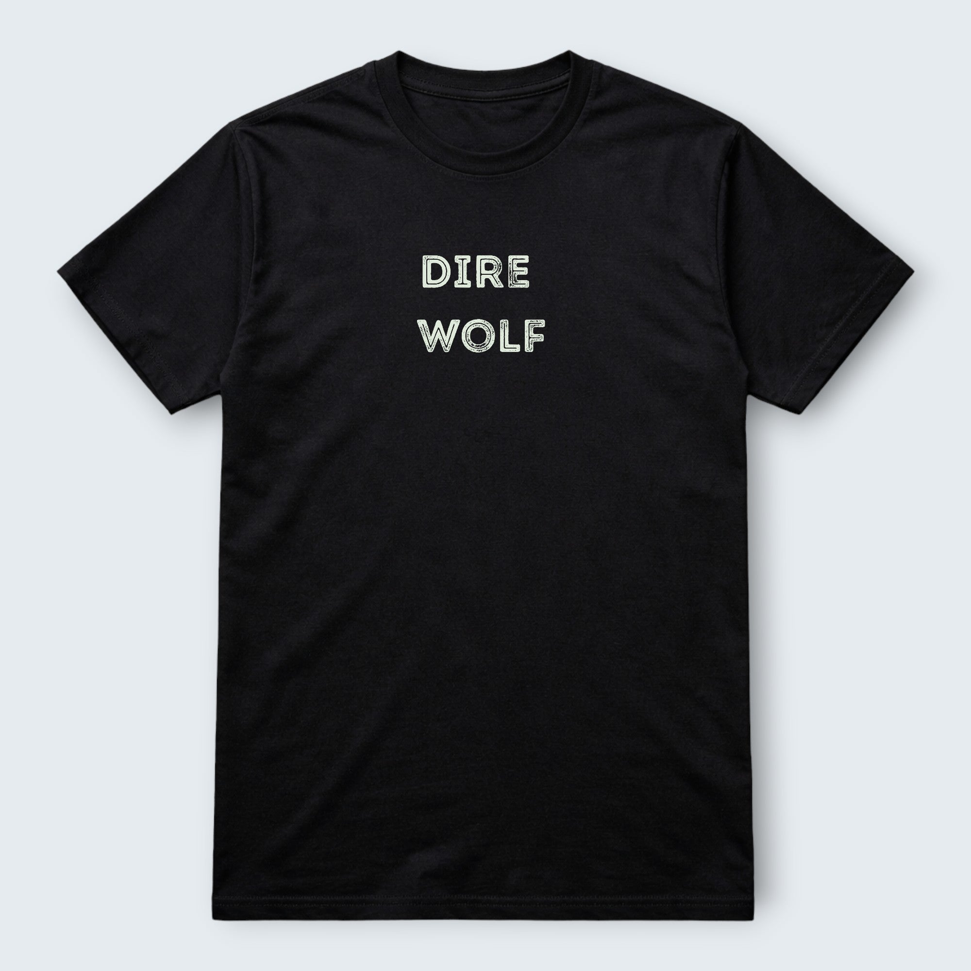 WOFF black 100% cotton crew neck t-shirt with 'DIRE WOLF' graphic print on chest.