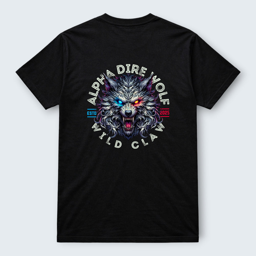 WOFF black 100% cotton crew t-shirt with a graphic of a dire wolf's head with red and blue glowing eyes.