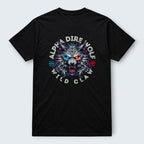 WOFF black 100% cotton crew t-shirt with a graphic of a dire wolf's head with red and blue glowing eyes.