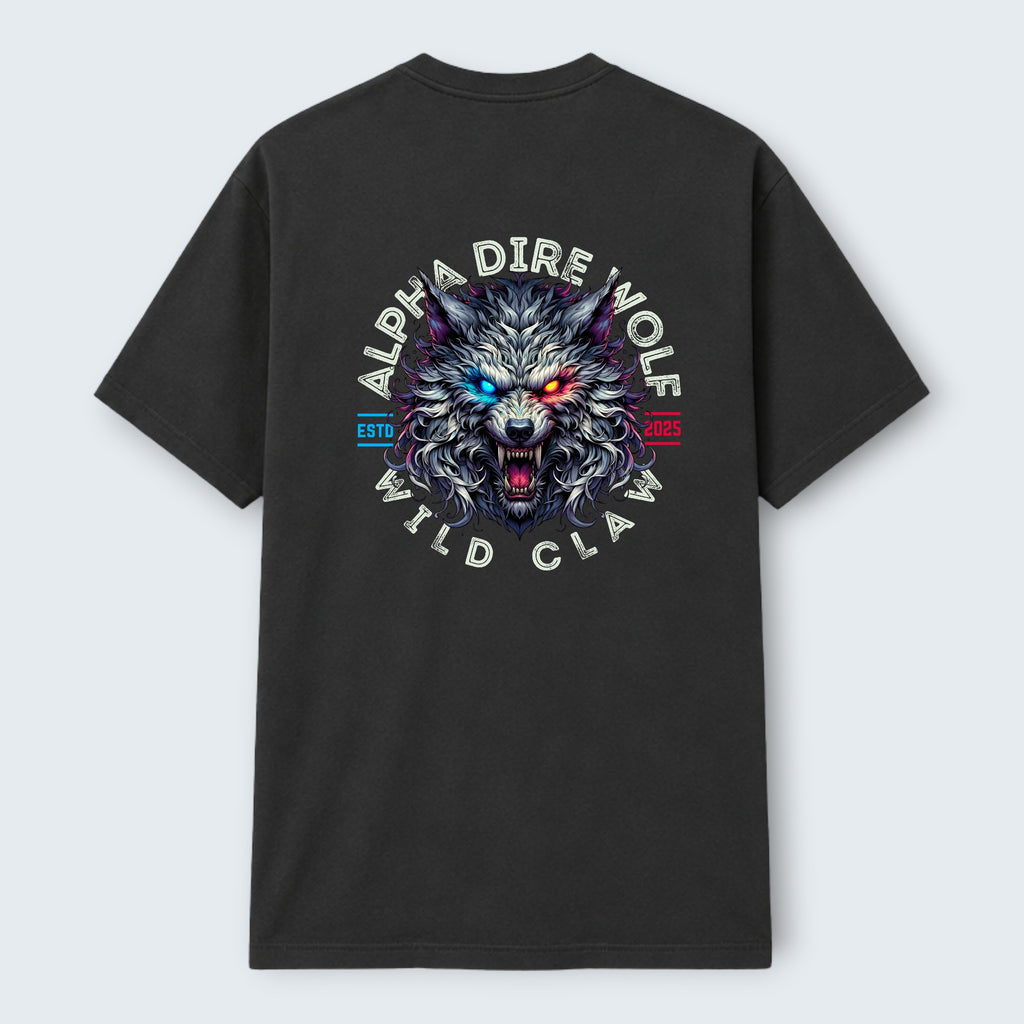 WOFF Dire Wolf Crew T-Shirt with a graphic of a snarling wolf's head with red and blue glowing eyes.