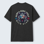 WOFF Dire Wolf Crew T-Shirt with a graphic of a snarling wolf's head with red and blue glowing eyes.
