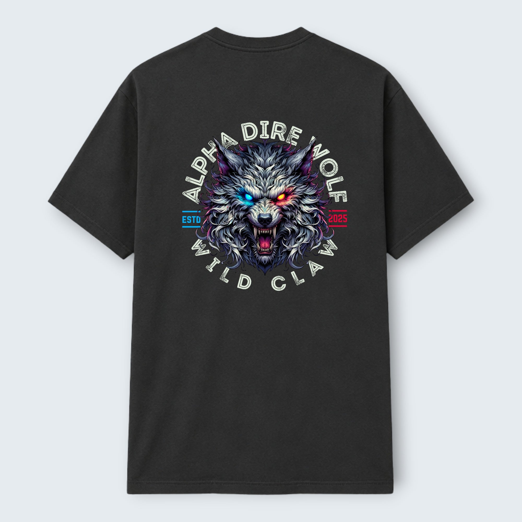 WOFF Dire Wolf Crew T-Shirt with a graphic of a snarling wolf's head with red and blue glowing eyes.