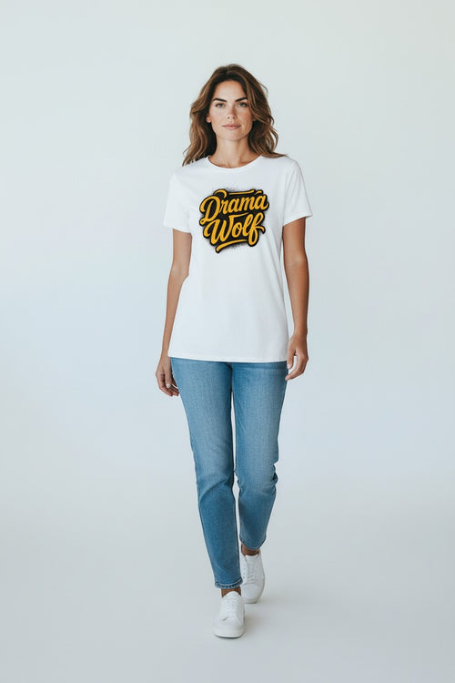 White 100% cotton WOF "Drama Wolf" graphic t-shirt with yellow and black lettering.