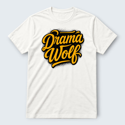 White 100% cotton WOF "Drama Wolf" graphic t-shirt with yellow and black spray paint effect lettering.