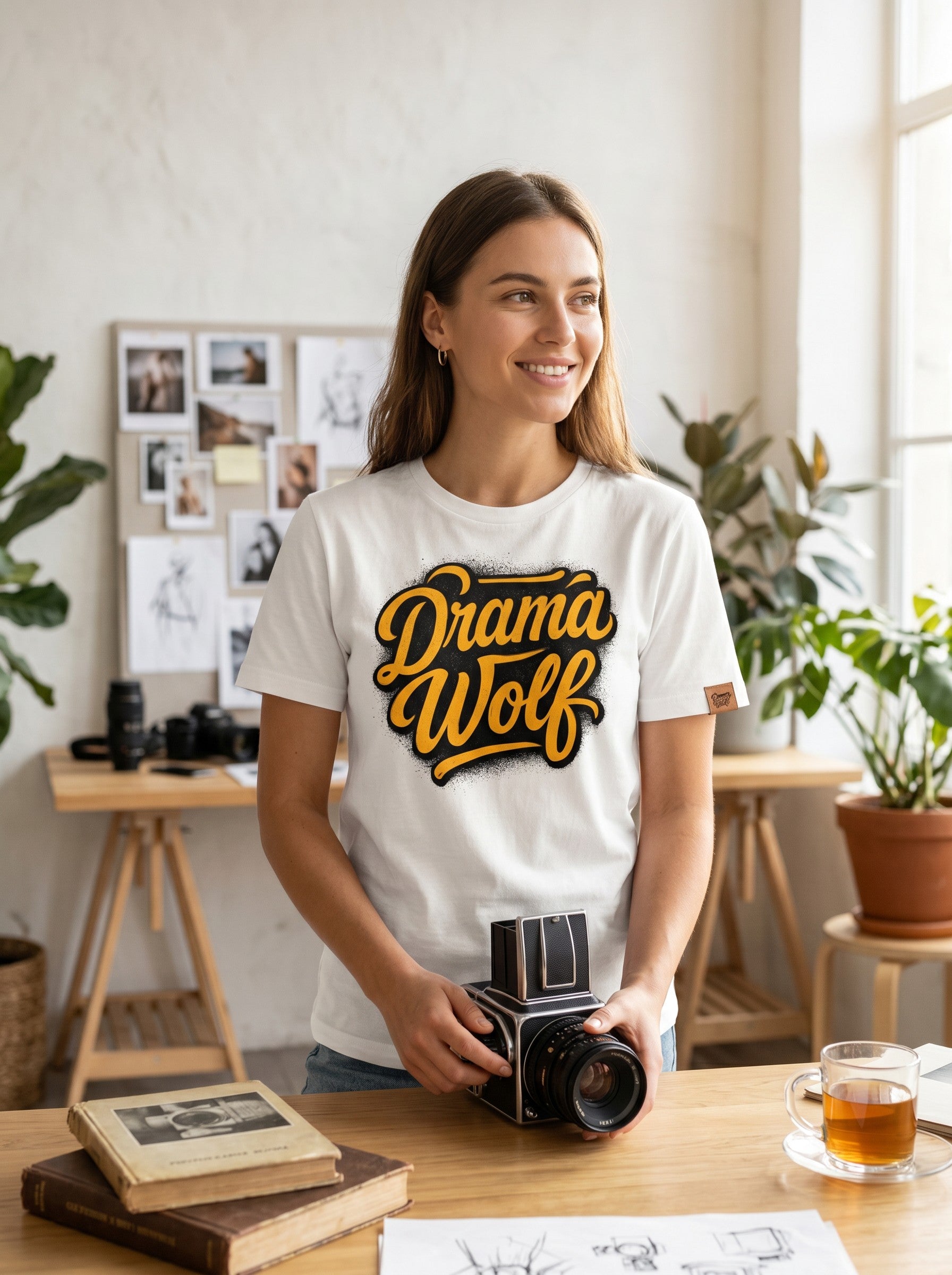 Woman wearing a white WOFF Drama Wolf cotton t-shirt with yellow and black graphic print in a studio setting.