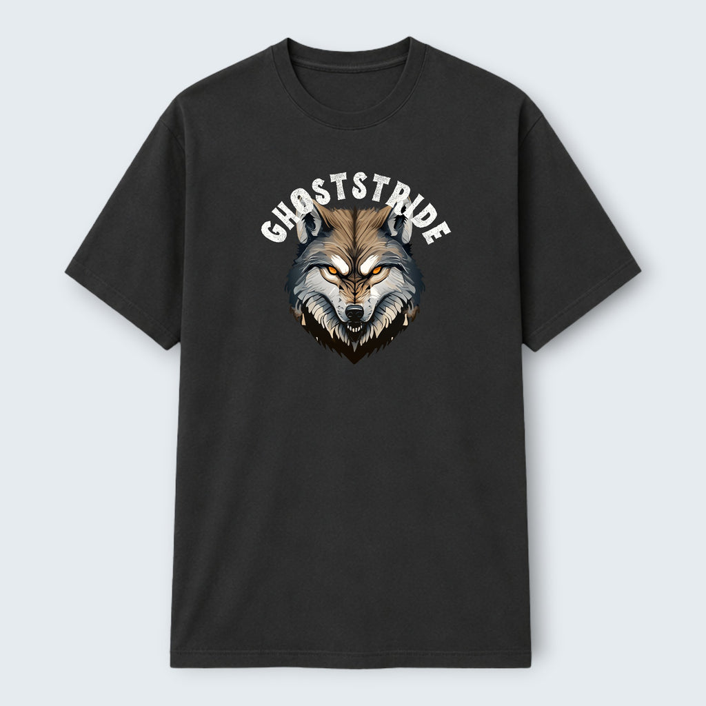WOFF Ghoststride Crew T-Shirt in black 100% cotton with a graphic print of a wolf's head and the word Ghoststride.