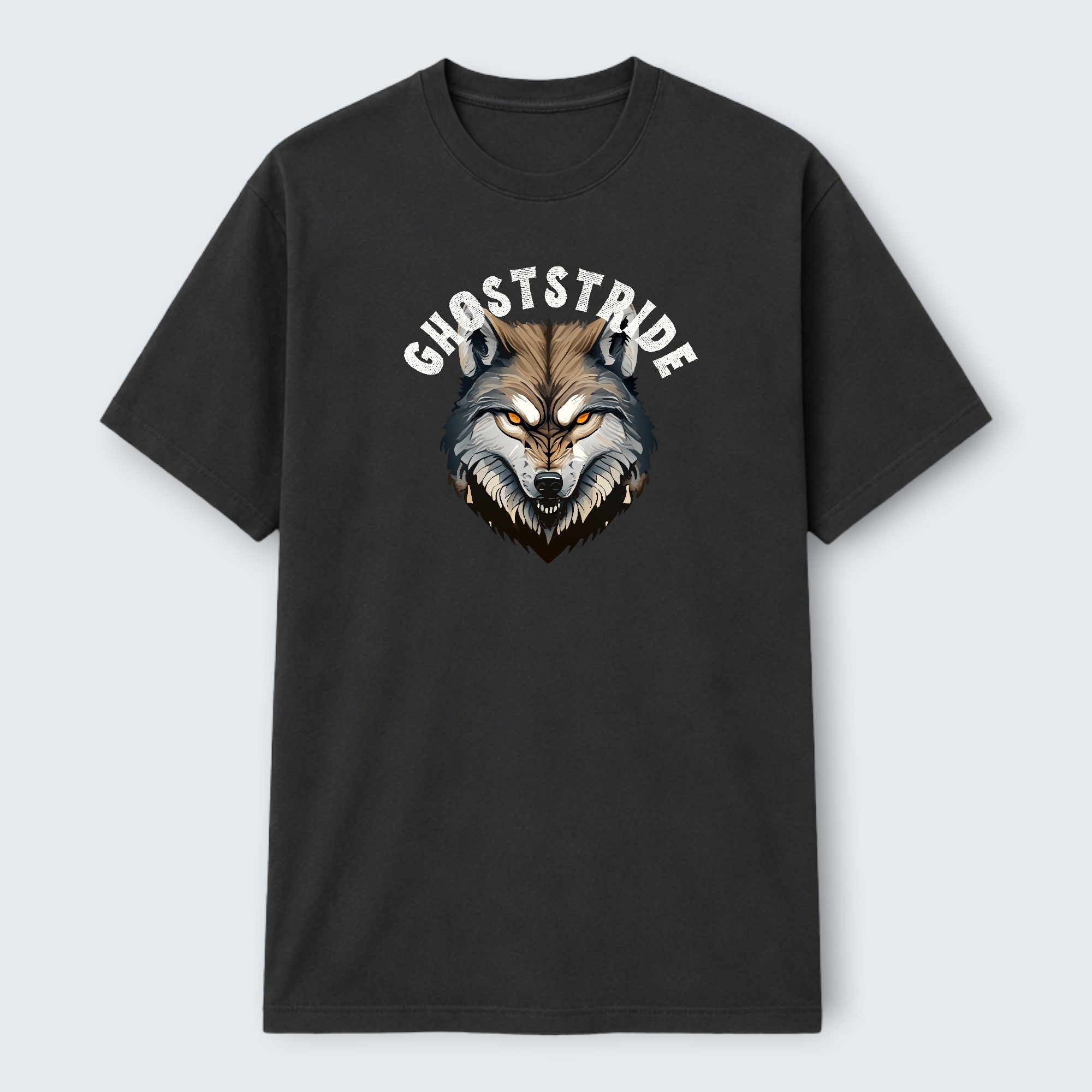WOFF Ghoststride Crew T-Shirt in black 100% cotton with a graphic print of a wolf's head and the word Ghoststride.