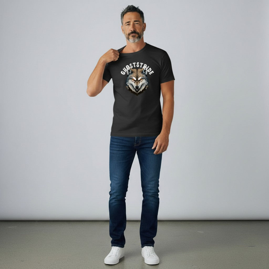 WOFF black 100% cotton crew neck t-shirt with a fierce wolf graphic and "GHOSTSTRIDE" text.