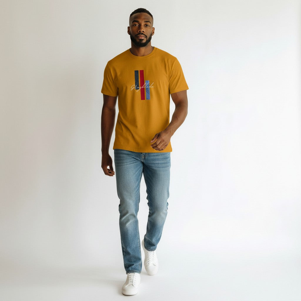 WOFF Grayblade Crew T-Shirt in mustard yellow, 100% cotton with embroidered logo and vertical stripes.