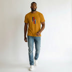 WOFF Grayblade Crew T-Shirt in mustard yellow, 100% cotton with embroidered logo and vertical stripes.