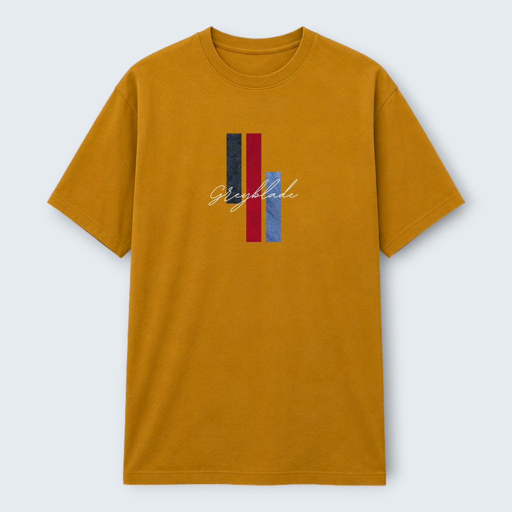 WOFF Grayblade crew t-shirt in mustard yellow, 100% cotton with vertical navy, red, and blue stripe graphic and script logo.