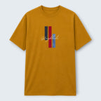 WOFF Grayblade crew t-shirt in mustard yellow, 100% cotton with vertical navy, red, and blue stripe graphic and script logo.