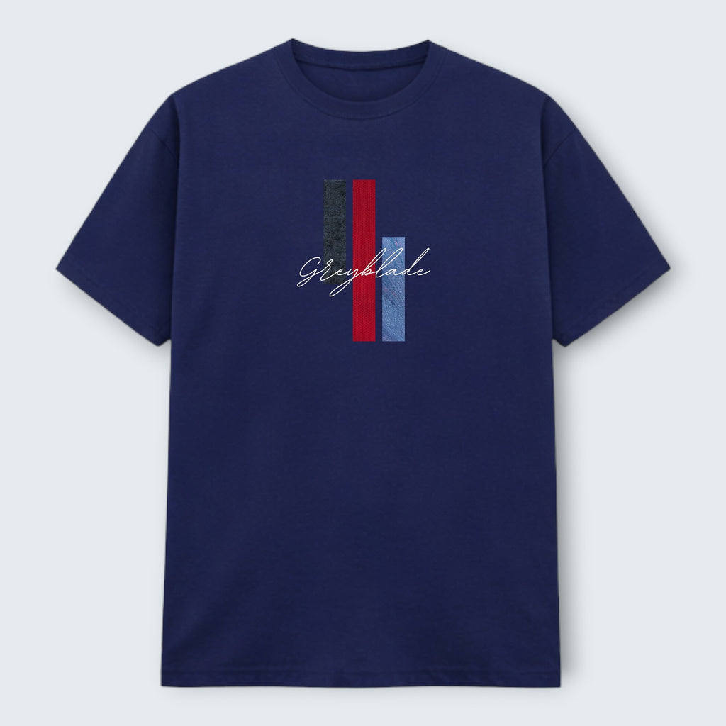 WOFF Grayblade crew t-shirt in navy blue 100% cotton with embroidered vertical stripes and text.