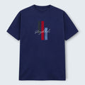 WOFF Grayblade crew t-shirt in navy blue 100% cotton with embroidered vertical stripes and text.