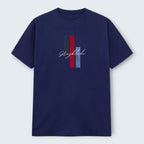 WOFF Grayblade crew t-shirt in navy blue 100% cotton with embroidered vertical stripes and text.