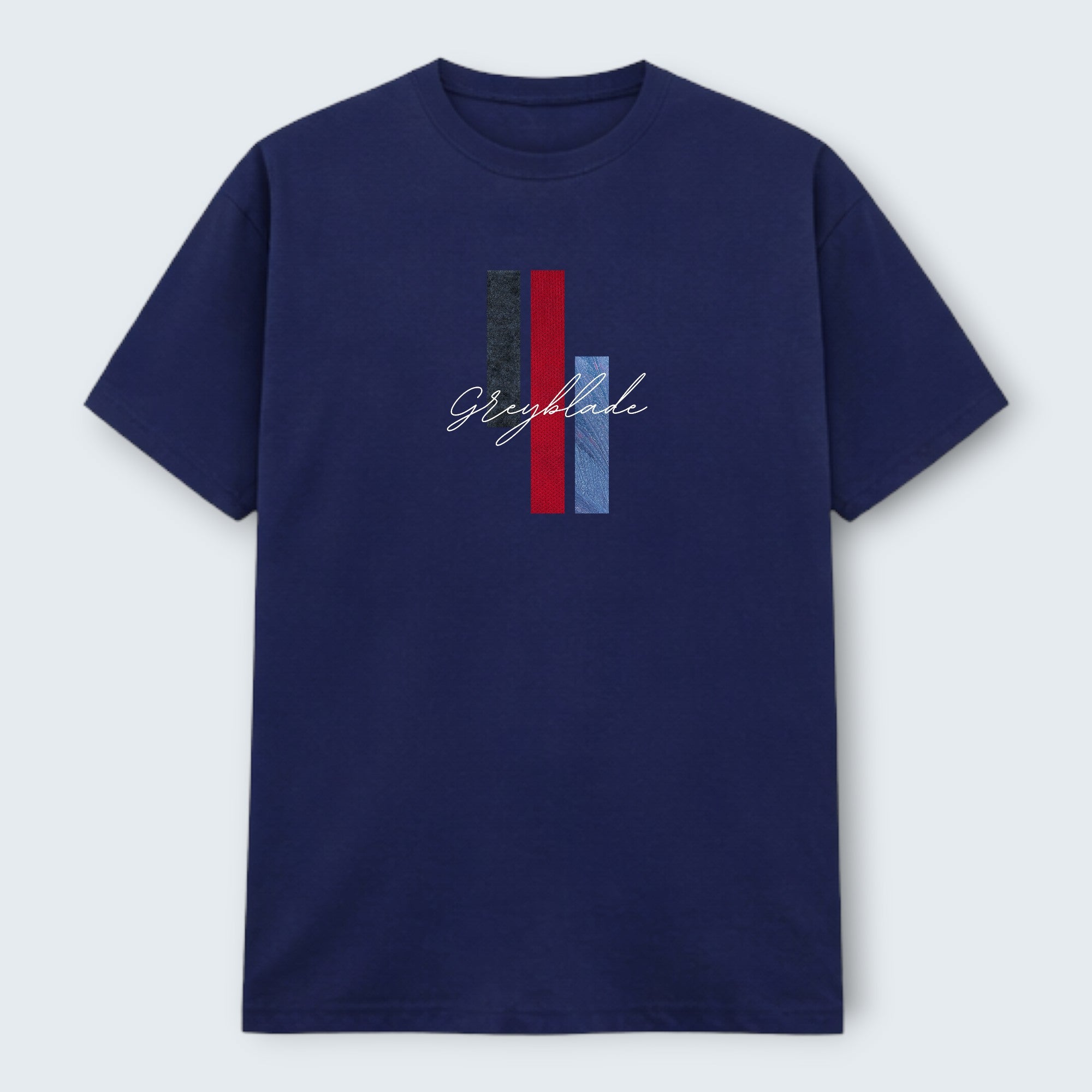 WOFF Grayblade crew t-shirt in navy blue 100% cotton with embroidered vertical stripes and text.