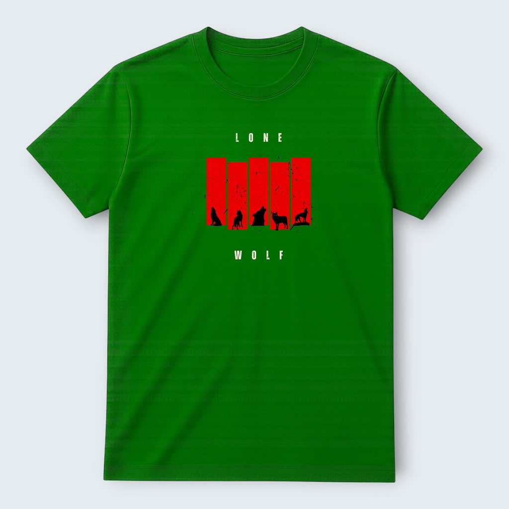 WOFF green 100% cotton t-shirt with "LONE WOLF" text and wolf silhouettes graphic.