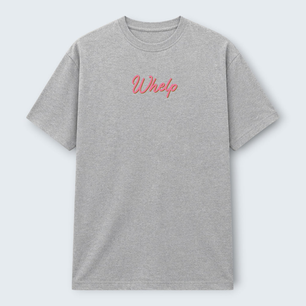 WOFF grey 100% cotton crew neck t-shirt with pink embroidered 'Whelp' logo on chest. Unisex regular fit.