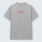 WOFF grey 100% cotton crew neck t-shirt with pink embroidered 'Whelp' logo on chest. Unisex regular fit.