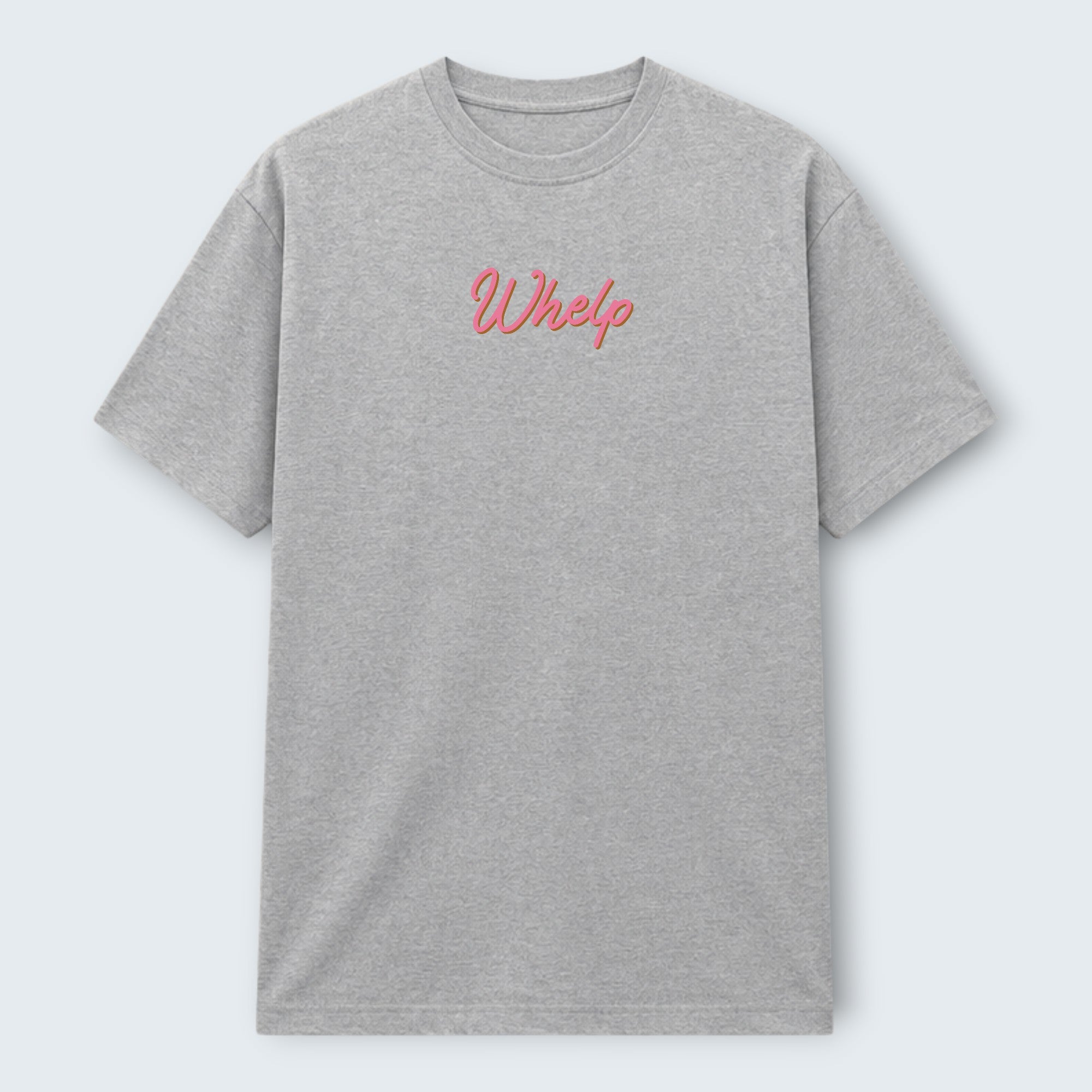 WOFF grey 100% cotton crew neck t-shirt with pink embroidered 'Whelp' logo on chest. Unisex regular fit.